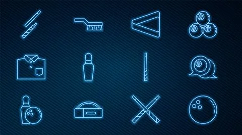 Set line Bowling ball, Billiard, triangle, pin, shirt, cue, and Pool table brush Stock Illustration