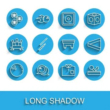 Set line Bowling ball, Billiard, shirt, cue, triangle and table icon. Vector Stock Illustration
