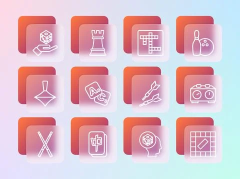 Set line Bowling pin and ball, Mahjong pieces, Dart arrow, Game dice, Bingo.. Stock Illustration