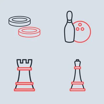 Set line Bowling pin and ball, Chess,  and Checker game chips icon. Vector Stock Illustration