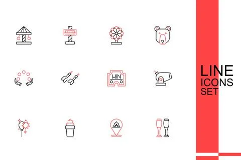 Set line Bowling pin, Circus tent, Ice cream waffle, Balloons with ribbon, .. Stock Illustration