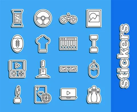 Set line Bowling pin, Computer mouse, Dumbbell, Gamepad, Chef hat, American Stock Illustration