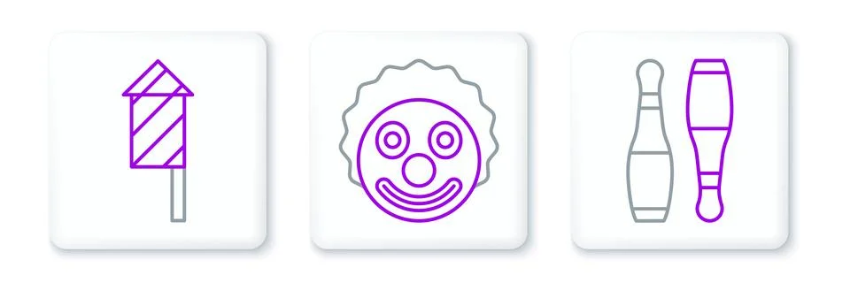 Set line Bowling pin, Firework rocket and Clown head icon. Vector Stock Illustration