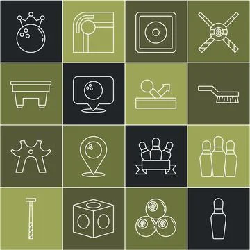 Set line Bowling pin, Pool table brush, Billiard chalk, Location with bowling Stock Illustration