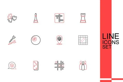 Set line Bowling pin, Tic tac toe game, Domino, Game dice, Board, Billiard .. Illustration
