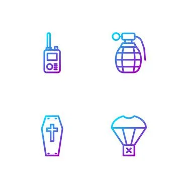 Set line Box flying on parachute, Coffin with cross, Walkie talkie and Hand Иллюстрация