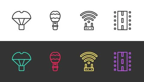Set line Box flying on parachute, Hot air balloon, Router and wi-fi signal and イラスト素材