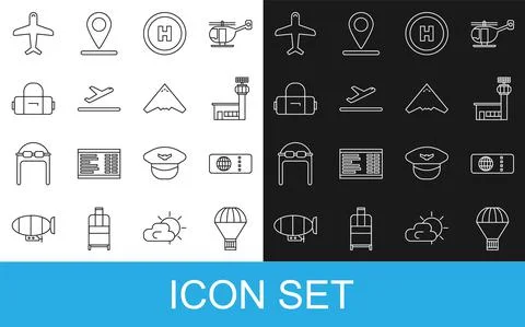 Set line Box flying on parachute, Airline ticket, Airport control tower Illustrazione stock