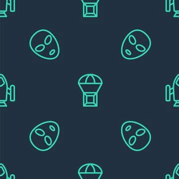 Set line Box flying on parachute, Alien and Rocket ship on seamless pattern Stock Illustration