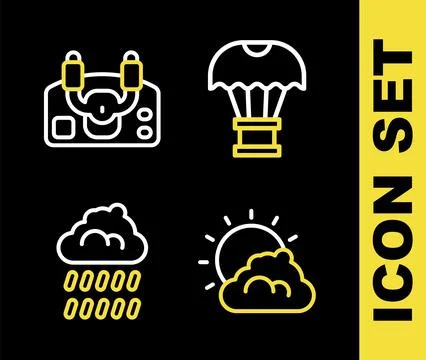 Set line Box flying on parachute, Sun and cloud weather, Cloud with rain and Illustrazione stock