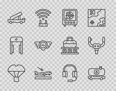 Set line Box flying on parachute, Fuel tanker truck, Radar with targets monitor Stock Illustration