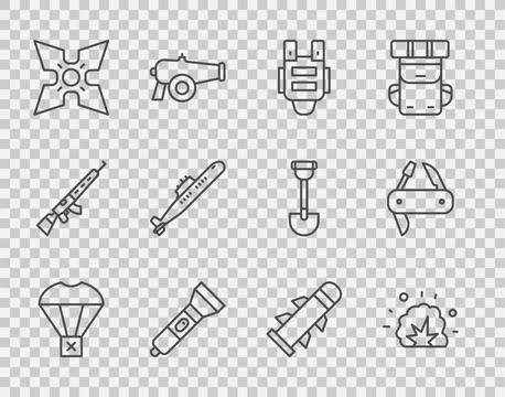 Set line Box flying on parachute, Bomb explosion, Bulletproof vest, Flashlight Stock Illustration