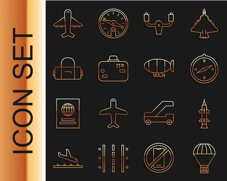 Set line Box flying on parachute, Rocket, Compass, Aircraft steering helm, .. Illustrazione stock