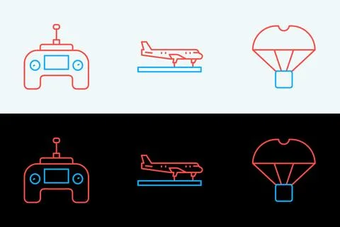 Set line Box flying on parachute, Drone remote control and Plane icon. Vector Stock Illustration