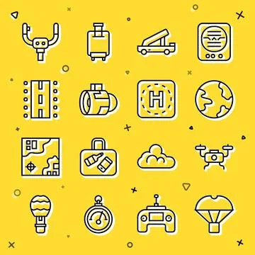 Set line Box flying on parachute, Drone, Worldwide, Passenger ladder, Jet e.. 库存插图