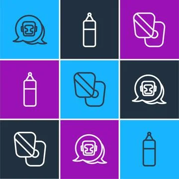 Set line Boxing helmet, training paws and Punching bag icon. Vector Stock Illustration