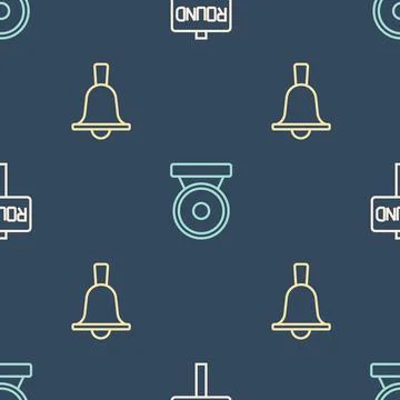 Set line Boxing ring board, bell and gong on seamless pattern. Vector Illustrazione stock