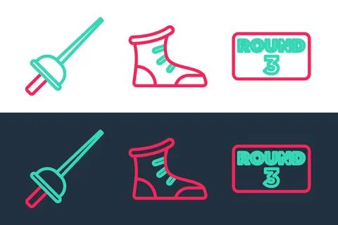 Set line Boxing ring board, Fencing and Sport boxing shoes icon. Vector Illustrazione stock