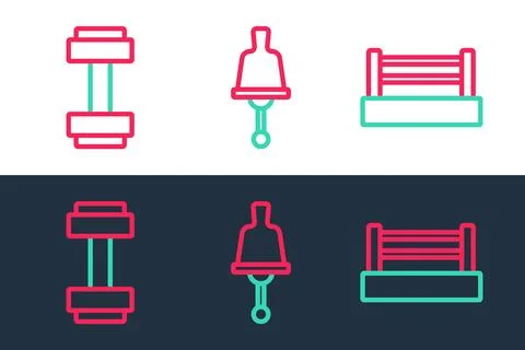 Set line Boxing ring, Dumbbell and Ringing icon. Vector Illustrazione stock