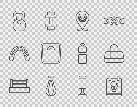 Set line Boxing ring, glove, helmet, Punching bag, Weight, Bathroom scales,.. Stock Illustration