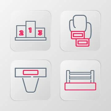 Set line Boxing ring, Groin guard, glove and Award over sports winner podium Stock Illustration