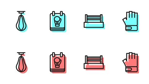 Set line Boxing ring, Punching bag, glove and MMA icon. Vector Illustrazione stock