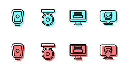 Set line Boxing ring, training paws, gong and helmet icon. Vector Stock Illustration