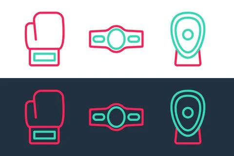 Set line Boxing training paws, glove and belt icon. Vector Stock Illustration