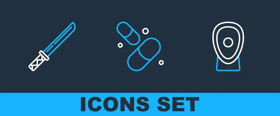 Set line Boxing training paws, Japanese katana and Vitamin pill icon. Vector 스톡 일러스트