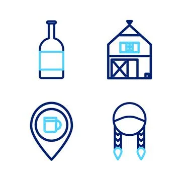 Set line Braid, Alcohol or beer bar location, Farm House and Beer bottle ic.. Stockillustratie