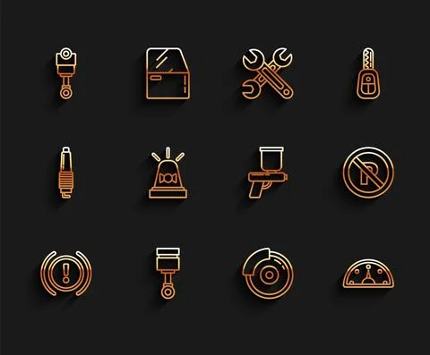 Set line Brake system warning, Engine piston, Car brake disk with caliper Stock Illustration