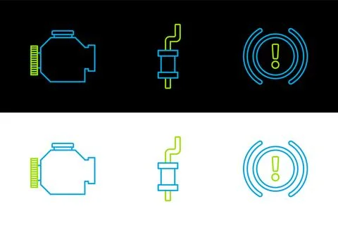Set line Brake system warning, Check engine and Car muffler icon. Vector Stock Illustration
