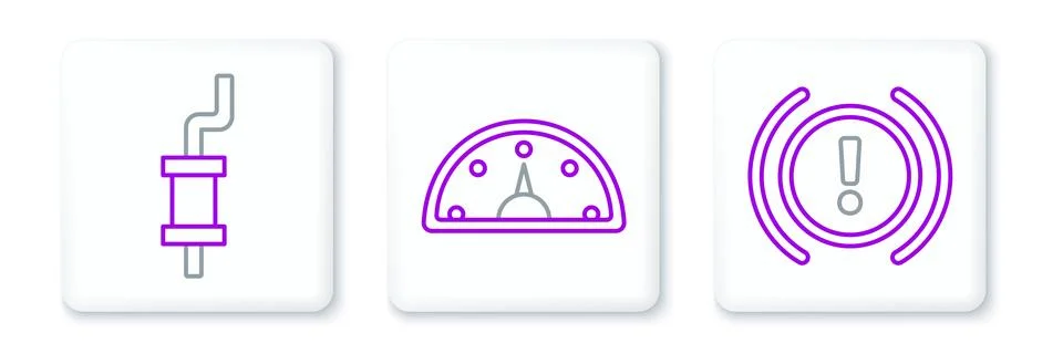 Set line Brake system warning, Car muffler and Speedometer icon. Vector Stock Illustration