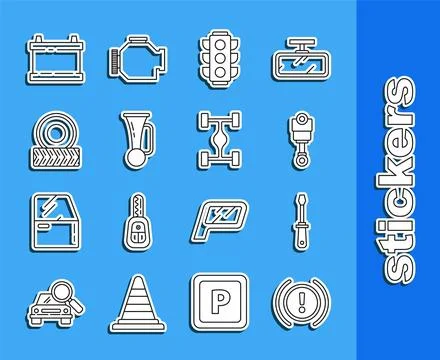 Set line Brake system warning, Screwdriver, Engine piston, Traffic light, S.. Stock Illustration