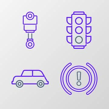 Set line Brake system warning Car Traffic light and Engine piston icon. Vecto Stock Illustration