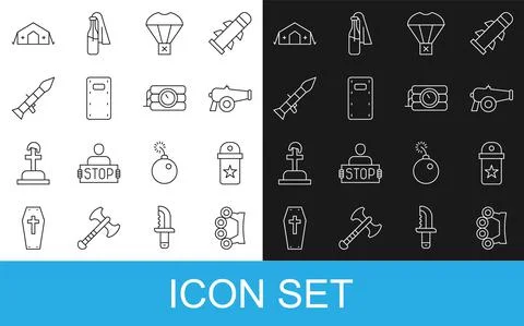 Set line Brass knuckles, Chevron, Cannon, Box flying parachute, Military assault Illustrazione stock
