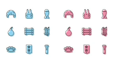 Set line Brass knuckles, Chevron, Military helmet, Flashlight, ammunition b.. イラスト素材