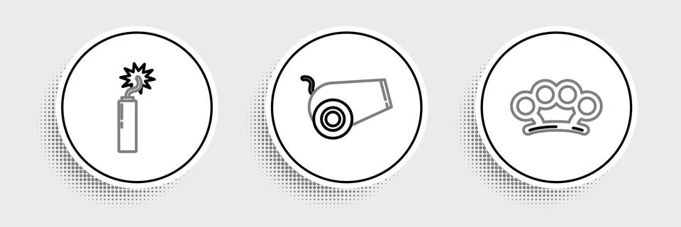 Set line Brass knuckles, Dynamite bomb stick clock and Cannon icon. Vector Stock Illustration