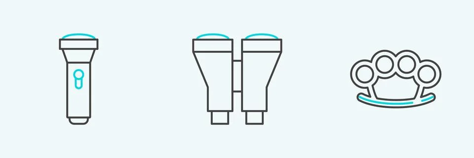 Set line Brass knuckles, Flashlight and Binoculars icon. Vector Stock Illustration