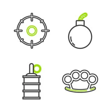 Set line Brass knuckles, Hand grenade, Bomb ready to explode and Target spo.. 库存插图