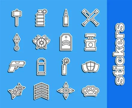 Set line Brass knuckles, Shield, Handle detonator for dynamite, Bullet, Med.. Illustration