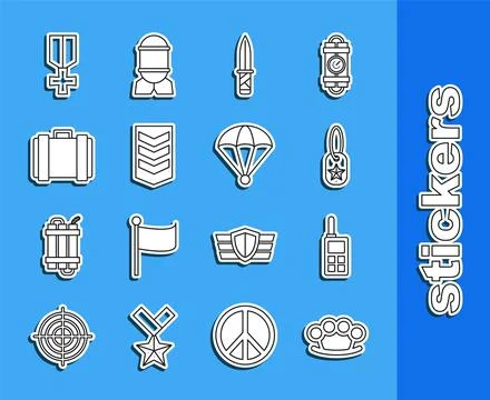 Set line Brass knuckles, Walkie talkie, Military dog tag, knife, rank, ammu.. Stock Illustration