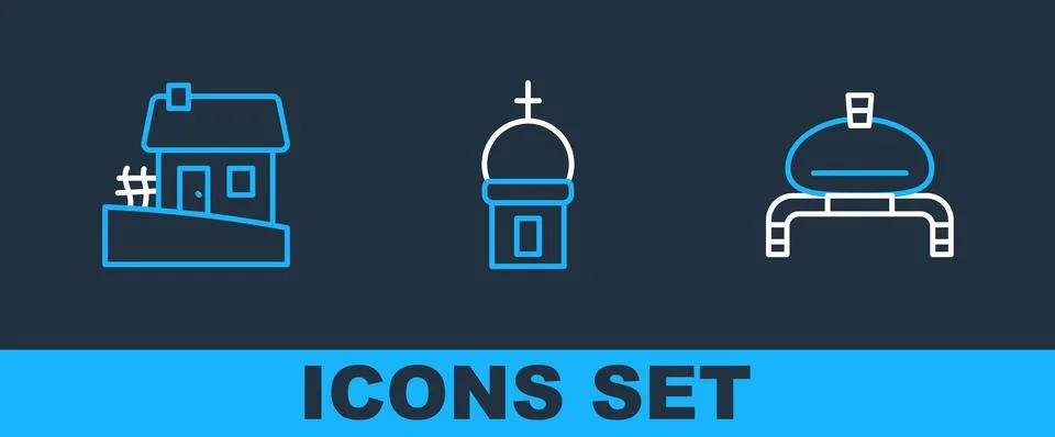 Set line Bread and salt, Ukrainian house and Church tower icon. Vector Stock Illustration