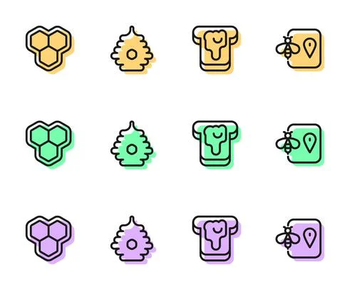 Set line Bread with honey, Honeycomb, Hive for bees and Bee location icon Ilustración de archivo