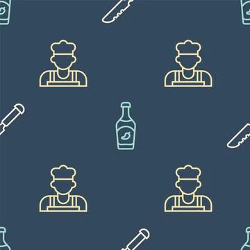 Set line Bread knife, Cook and Ketchup bottle on seamless pattern. Vector 스톡 일러스트