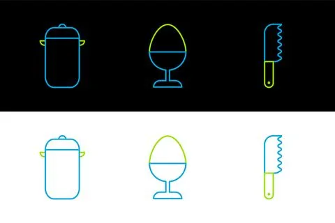 Set line Bread knife, Cooking pot and Chicken egg on stand icon. Vector Stock Illustration