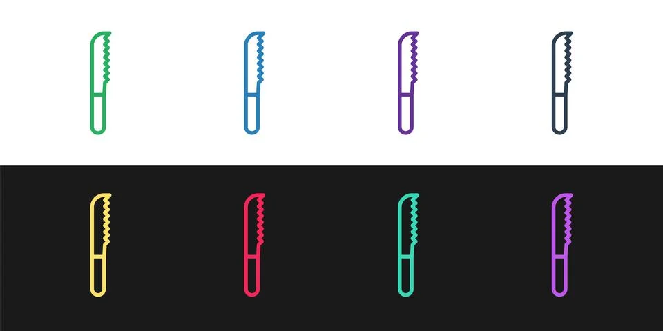 Set line Bread knife icon isolated on black and white background. Cutlery s.. Stock Illustration