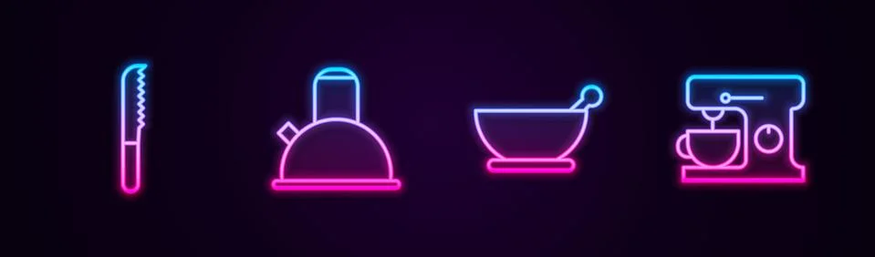 Set line Bread knife, Kettle with handle, Mortar pestle and Electric mixer Illustration