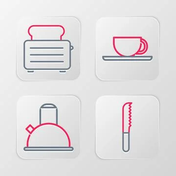 Set line Bread knife, Kettle with handle, Coffee cup and Toaster toasts icon Illustration