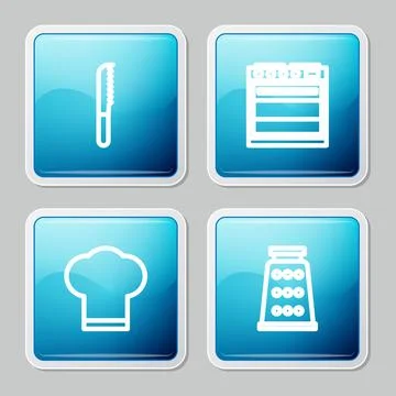 Set line Bread knife, Oven, Chef hat and Grater icon. Vector Stockillustratie